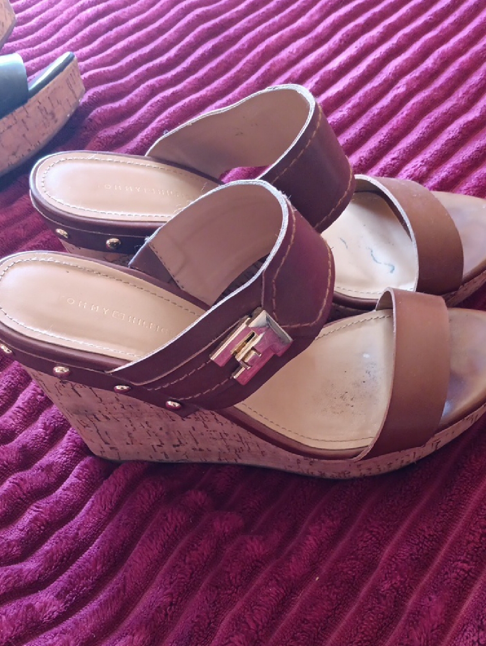 Tommy Hilfiger Brown Cork Wedge Sandals with Buckle Detail